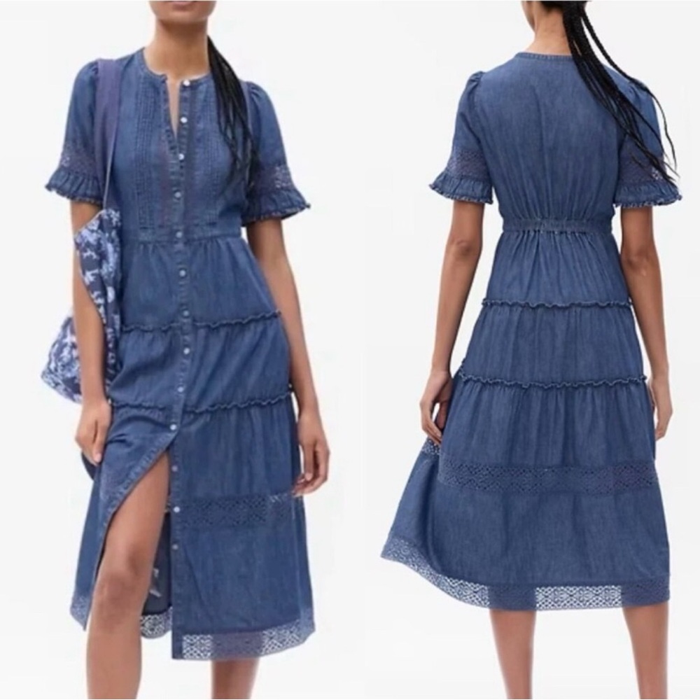 Gap x Love Shack Fancy denim tiered button down midi dress  size Small